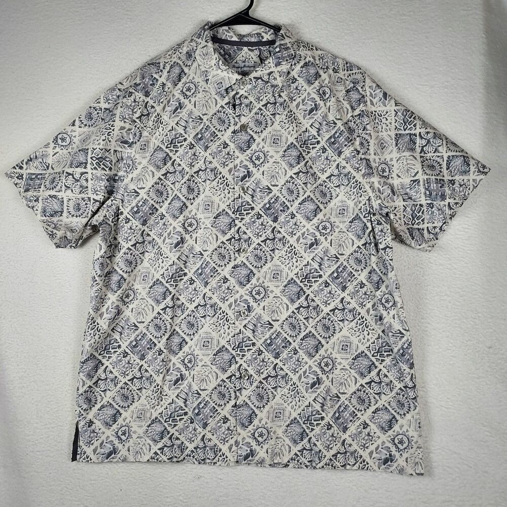 Tommy Bahama Camp Shirt XL Mens Silk Coolmax Gray Print Button Front